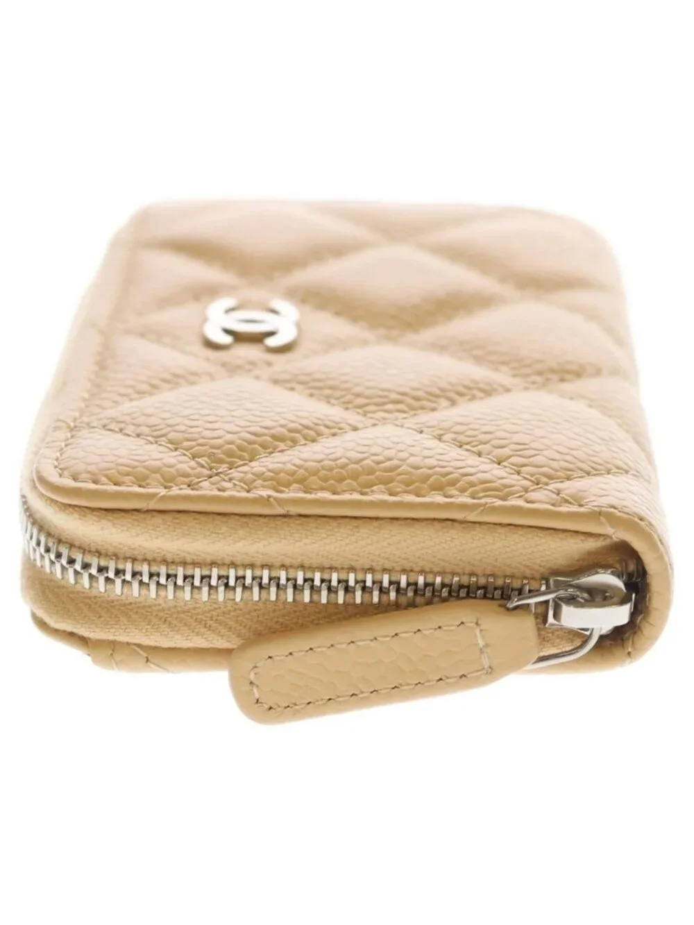 Chanel Quilted Classic Zip Coin Case Mini Wallet Beige Caviar Leather Silver